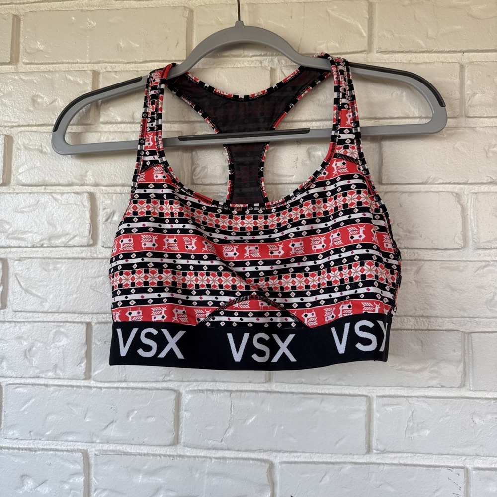 Victoria Secret Women Sports Bra XL Orange Black Geometric Racerback Pullover